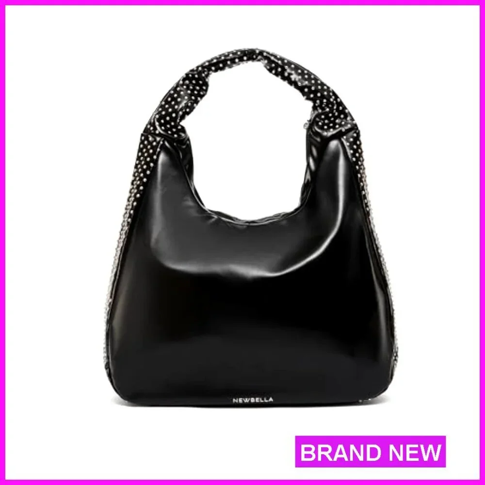Faux Leather Hobo Shoulder Bag with Rhinestones, Spacious Work Tote